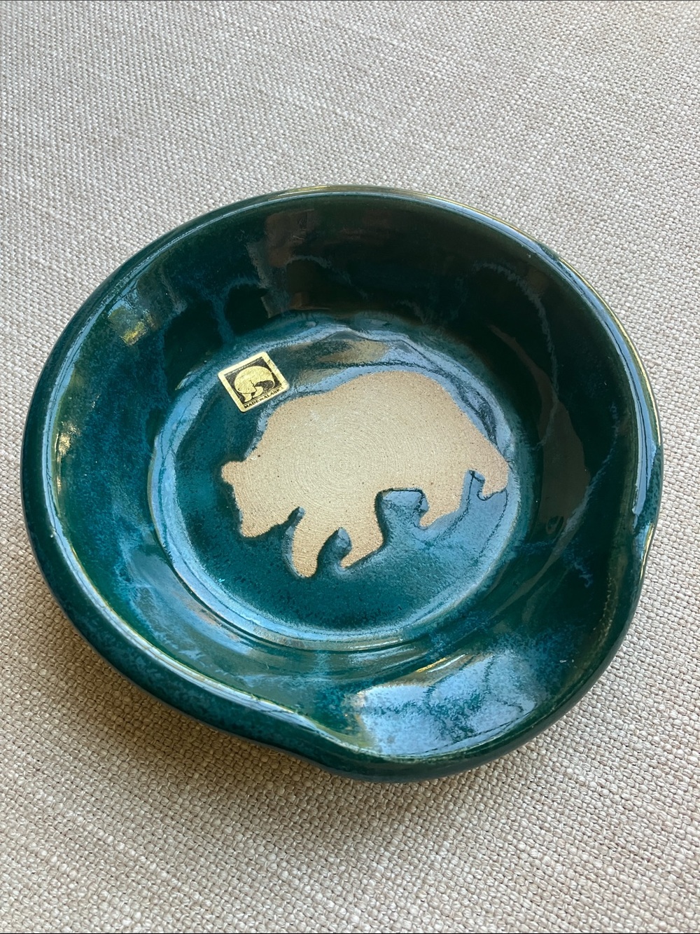 TWO DOG POTTERY Studio in Alaska Green Glazed Artisan Kitchen Dish w/ Bear Motif